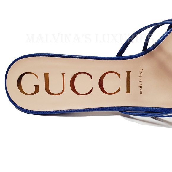 GUCCI SHOES BLUE LEATHER STRAPPY SANDALS CRYSTAL INTERLOCKING LOGO 38 8 US - Picture 14 of 15
